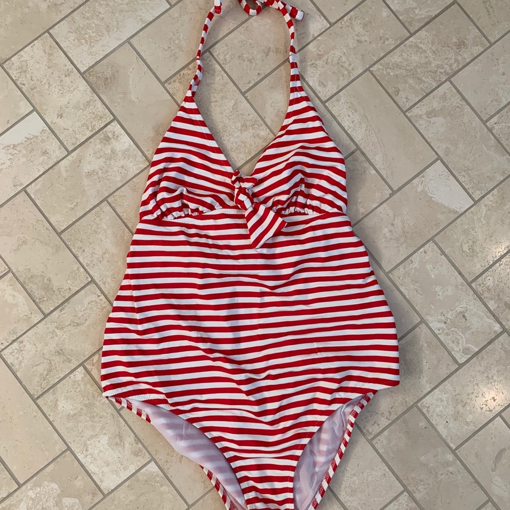 Red and white striped maternity one-piece swimsuit